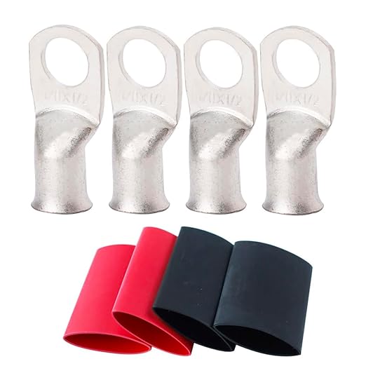 TKDMR 4pcs 1/0 Awg-1/2" Ring Marine Grade Copper Wire Lugs,with 3:1 Heat Shrink Tubing,UL Battery Cable Ends,Heavy Duty Cable Lugs,Tinned Copper Eyelets,Tubular Ring Terminals