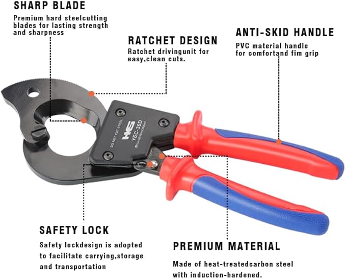 HKS Ratchet Cable Wire Cutter Heavy Duty for Cutting Electrical Aluminum Copper and Multi-core Cables up to 300mm² YEC-36D