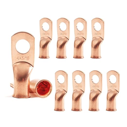 4 AWG 5/16" Stud (10 pcs.) Heavy Duty Battery Ring Terminal 4 awg Battery Cable lugs 4 Gauge Ring Terminals Bare Copper Eyelets Tubular Ring Terminal