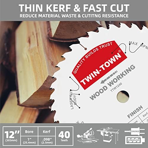 TWIN-TOWN 12-Inch 40-Tooth ATB Fine Finish Wood Cutting Circular Saw Blade, 1 Inch Arbor, Compatible with Table and Miter Saws, Premium Quality Woodworking Saw Blade