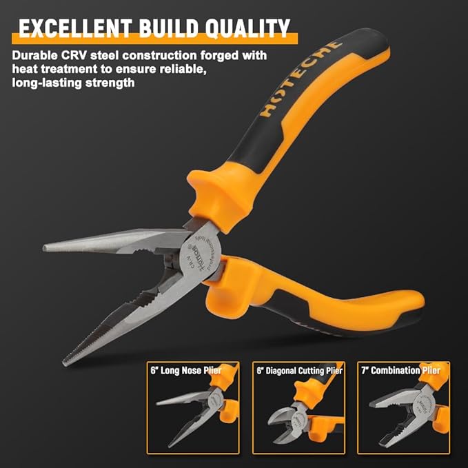 HOTECHE 3 Piece Plier Set - Professional Grade Carbon Steel Pliers for Electricians & Mechanics (6" Diagonal Cutter, 7" Combination, 6" Long Nose) with PVC Grips - Heavy Duty Rust-Resistant