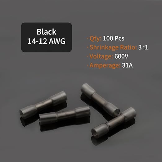 14-12 AWG Butt Connectors Heat Shrink - 50Pcs Black Electrical Wire Connector Insulated Waterproof Boat Automotive Wire Splice Crimp Wiring Terminals