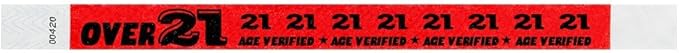 200 WristCo Over 21 Neon Red Tyvek Wristbands for Events - ¾” x 10” - Waterproof Recyclable Comfortable Tear Resistant Paper Bracelets Wrist Bands for Concerts Festivals Admission Party