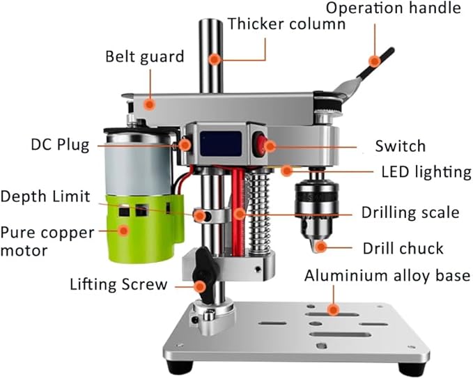RATTMMOTOR DIY Benchtop Drilling Machine 110V-220V, Mini Desktop Variable Speed Drill Press 12mm Stroke, 3000RPM 795 Motor with Bench Vise Clamp, JT0 Drill Chuck 4.5mm for CNC Machining