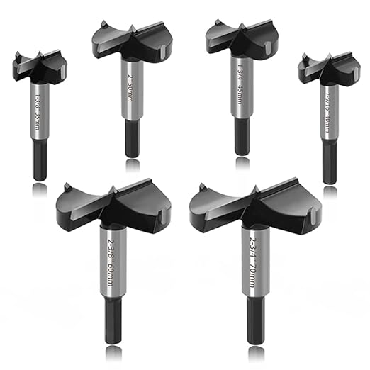 ASNOMY 6PCS Large Size Forstner Bit set, 1-3/8Inch to 2-3/4Inch Carbide Tipped Forstner Drill Bit for Hard Wood, Wood Drilling bit Set Woodworking Hinge Cutter Tool Kits for Wood Plastic Plywood