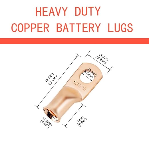 4 AWG 5/16" Stud (10 pcs.) Heavy Duty Battery Ring Terminal 4 awg Battery Cable lugs 4 Gauge Ring Terminals Bare Copper Eyelets Tubular Ring Terminal