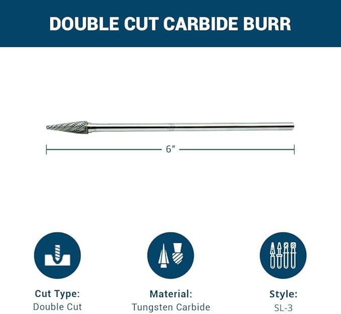 Benchmark Abrasives 6” Taper Shape Radius Double Cut Tungsten Carbide Die Grinder Bits Metal Deburring Tool Rotary Burr, 1/4 Inch Shaft, Engraving Tool for Woodworking Shaping Carving (SL-3)