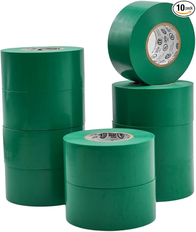 WOD ETC766 Professional Grade General Purpose Green Electrical Tape UL/CSA Listed core. Vinyl Rubber Adhesive Electrical Tape: 1.5 inch X 66 ft - Use at No More Than 600V & 176F (Pack of 10)