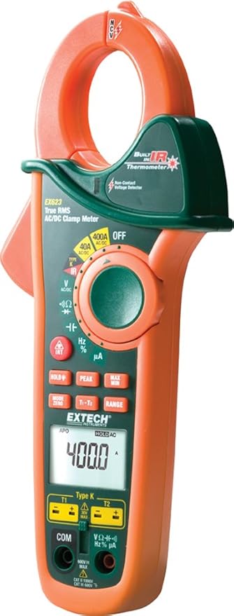 Extech EX623 True RMS 400A AC/DC Clamp Meter with Dual Type K, Infrared Thermometer and NCV