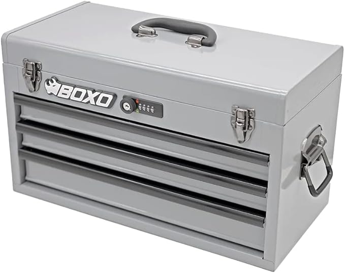 Boxo USA Hand Carry Tool Box 3-Drawer Heavy Duty Steel Toolbox with Lock System (Nardo Gray)