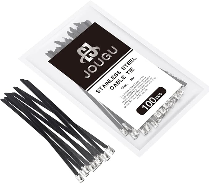 Metal Zip Ties Black 10 inch 304 Stainless Steel Epoxy Coated Locking Cable 220LB 250mm 100pcs Heavy Duty Exhaust Wrap Multi Purpose Binding for machinery, vehicles, farms, cables, pipes,Fence