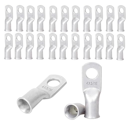 25Pcs 4 AWG 5/16" Stud Tinned Copper Ring Terminals Battery Cable Ends Wire Lugs 4 Gauge Battery Cable Lugs Heavy Duty Cable Lugs Bare Copper Eyelets Tubular Ring Terminal Connectors