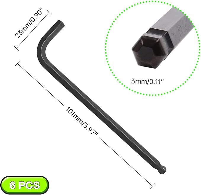 3mm Ball End Hex Key Set, 6pcs L-Shaped Allen Wrenches Long Arm, CR-V Steel, Black Oxide Finish, High Torque Repairing Tool for Furniture, Bike, Equipment Maintenance