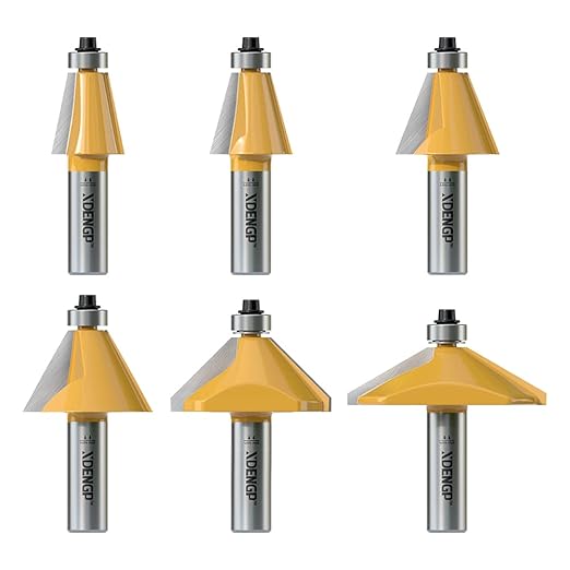 6Pcs Chamfer Router Bits Set 1/2 Inch Shank Carbide Edge Forming Bevel Router Bit with Bearing, Chamfer Bit Miter Angle Milling Cutters Tool, 11.25, 15, 22.5, 30, 45, 60 Degree