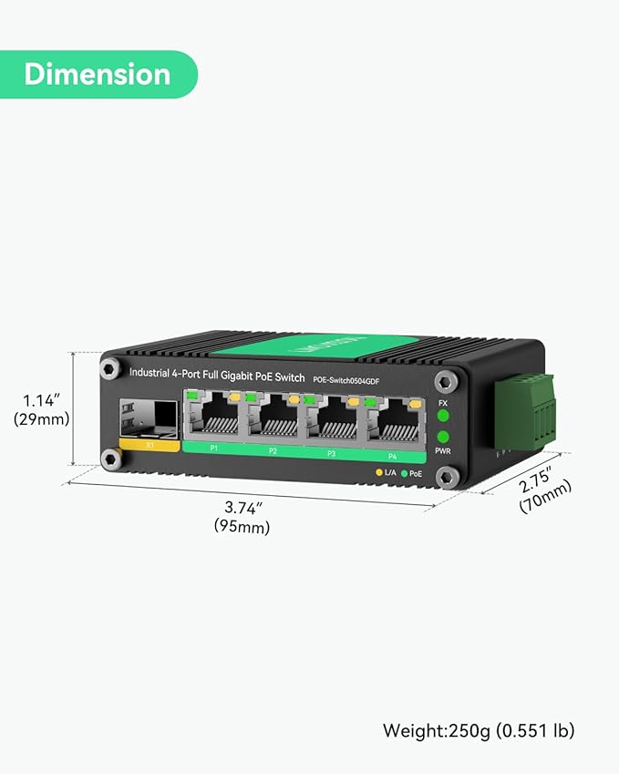 LINOVISION Industrial 4 Ports Gigabit Solar PoE Switch with DC9～57V Redundant Power Input, 12V PoE Switch with SFP Uplink, IEEE802.3af/at @120W, Compact PoE Power for Solar Power/RV Truck/VoIP Systems