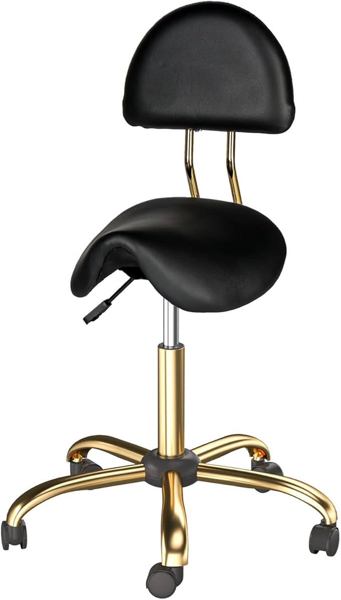 OmySalon Drafting Chair,Ergonomic Saddle Stool with Back Support,Tall Adjustable Rolling Stool with Thick Seat Cushion, Office Computer Chair for Salon Barber Spa Home Bar, Black Gold