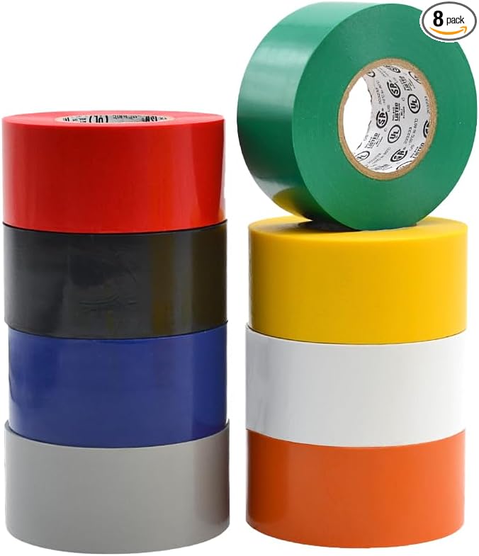 WOD ETC766 Professional Grade General Purpose Rainbow Electrical Tape UL/CSA Listed core. Vinyl Rubber Adhesive Electrical Tape: 1.5 inch X 66 ft - Use at No More Than 600V & 176F (Pack of 8)