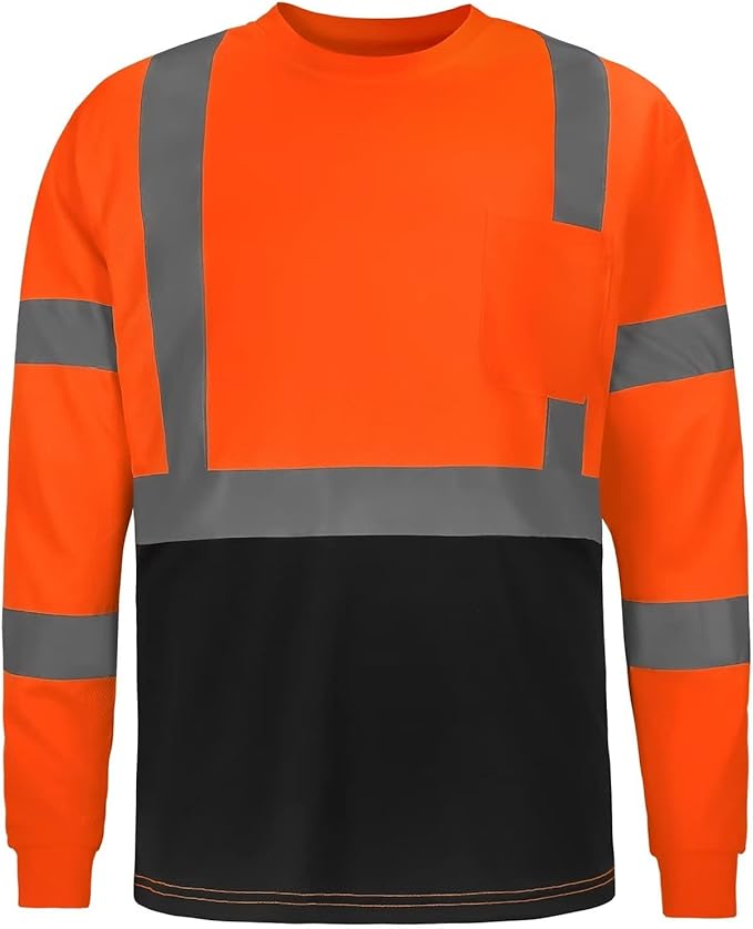 High Visibility Class 3 T Shirts，Hi Vis Safety Shirts with Reflective Strips and Pocket, Long Sleeve Quick Dry Mesh Construction Work Shirt for Men/Women Black Bottom Orange,4XL