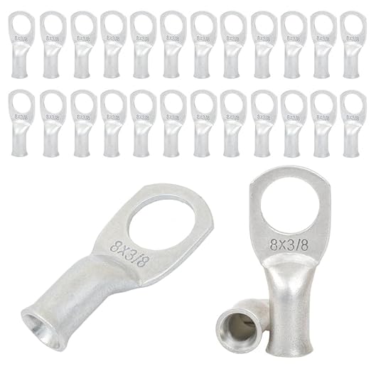 Heavy Duty Tinned Battery Ring Terminals (25 pcs.), 8 AWG 3/8" Stud, Tubular Copper Ring Connectors