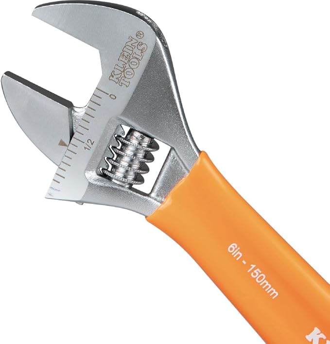 Klein Tools O5076 Adjustable Wrench, Precision Forged 1 1/2-Inch Extra-Capacity Jaw, SAE and Metric Scales, Plastic-Dipped Handle, 6-Inch