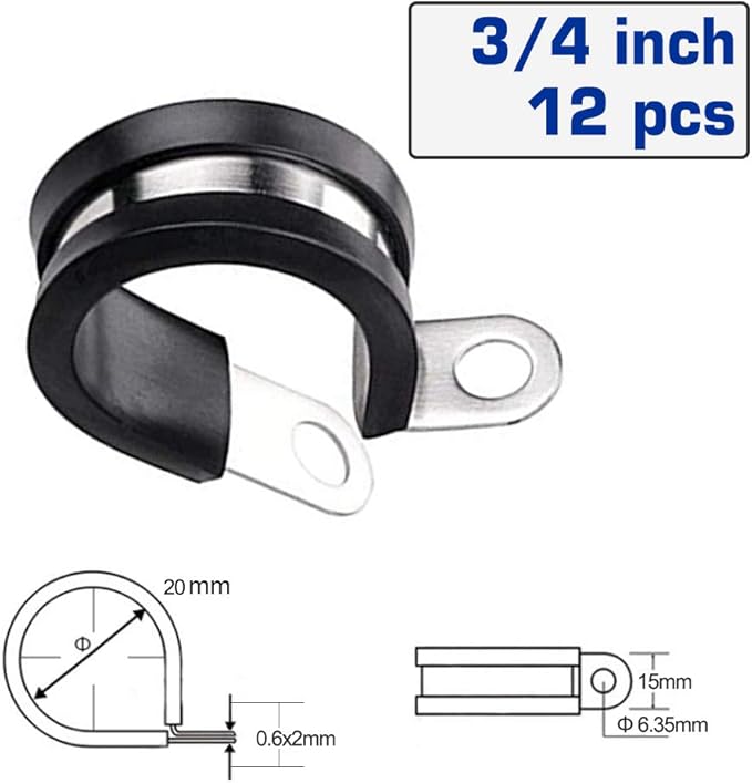 HOLYBEAR 3/4 Inch Stainless Steel Cable Clamp, Rubber Insulated Metal Conduit Wire Holder Strap Clips for Pipe, Tube, Hose Bracket (20mm, 12pcs)