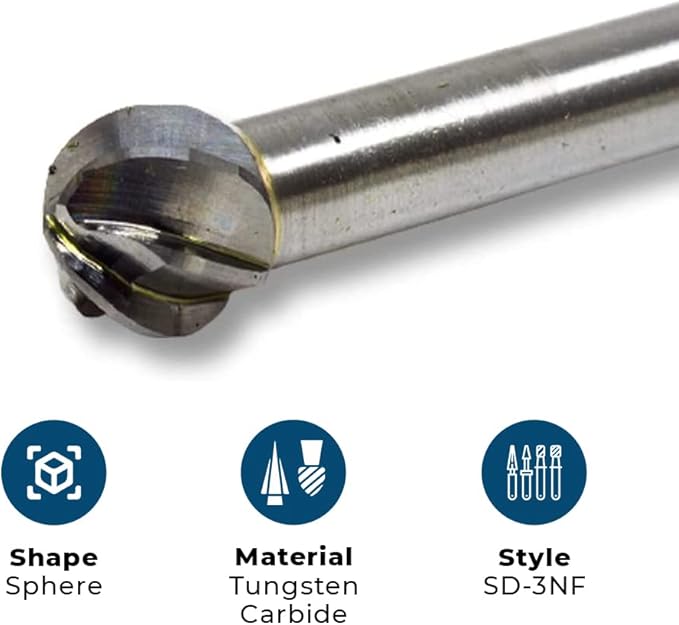 Benchmark Abrasives Ball Shape Premium Tungsten Carbide Burr with 1/4 Inch Shank Aluminum Cut Rotary Tool, Engraving Tool for Non-Metals Shaping Carving (SD-3NF)