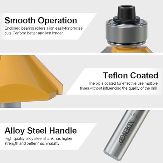 45 Degree Chamfer Router Bit with 3/4 Inch Cutting Length,1/2 Inch Shank Carbide Edge Forming Bevel Router Bit with Bearing, Chamfer Bit Miter Angle Milling Cutters Tool