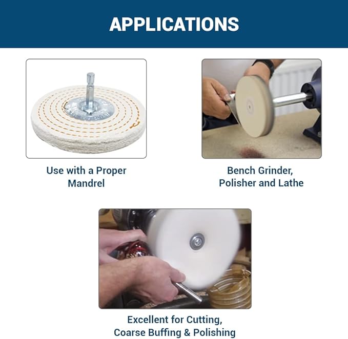 Benchmark Abrasives 4" Cotton Spiral Buffing Polishing Wheel for Bench Grinder with 1/4" Mandrel, for Polishing Finishing Smoothing on Aluminum, Stainless Steel (Cotton Spiral)