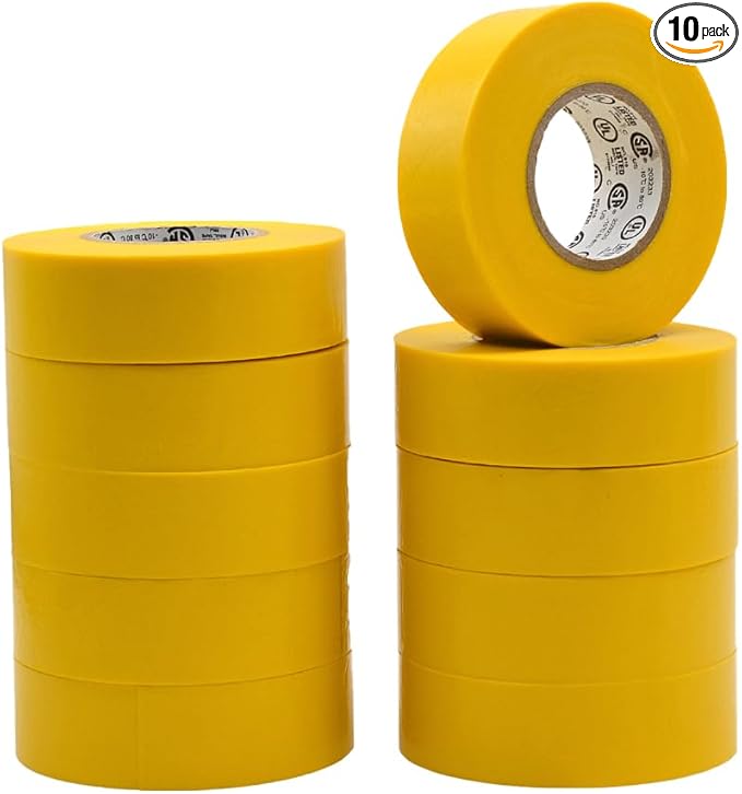 WOD ETC766 Professional Grade General Purpose Yellow Electrical Tape UL/CSA Listed core. Vinyl Rubber Adhesive Electrical Tape: 1 inch X 66 ft - Use at No More Than 600V & 176F (Pack of 10)