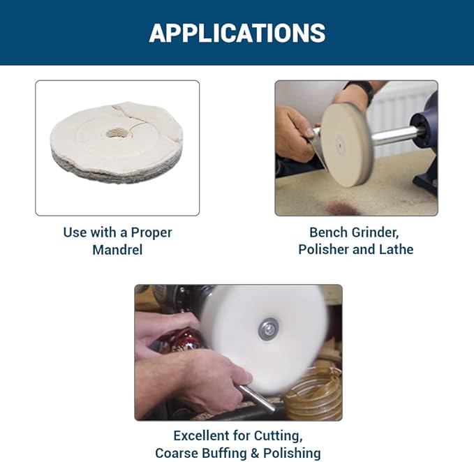 Benchmark Abrasives 6" Flannel Cushion Sewn Buffing Polishing Wheel for Bench Grinder with 1/4" Mandrel, for Polishing Finishing Smoothing on Aluminum, Stainless Steel (Flannel Cushion)
