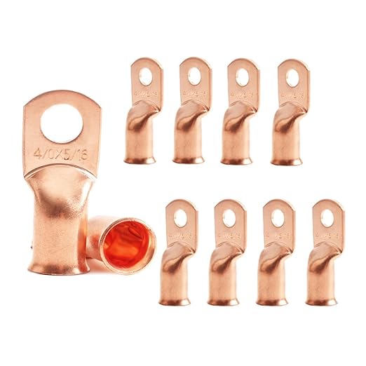 Heavy Duty Battery Ring Terminals, 4/0 AWG 5/16" Stud (10 pcs.), 0000 Gauge Copper Connectors, Tubular Ring Terminals