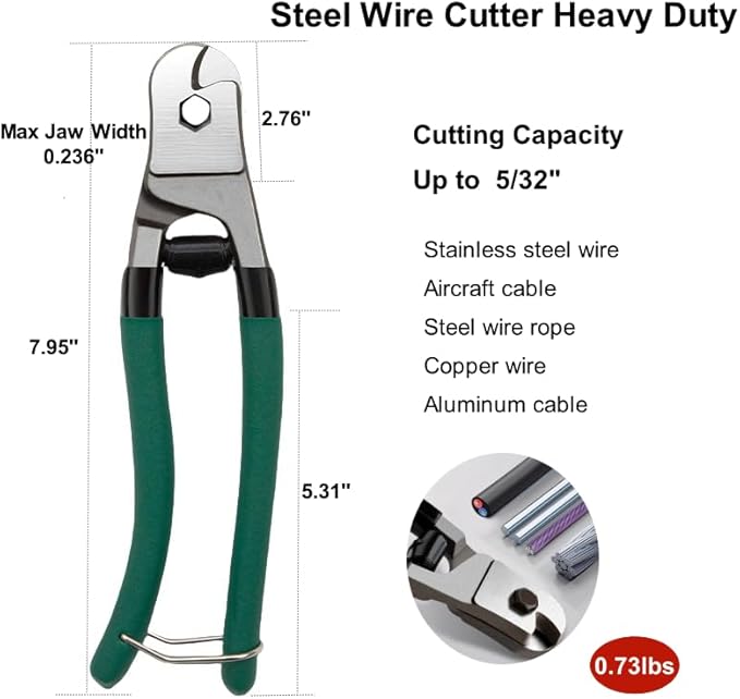 8 Inch Steel Wire Cable Cutters Heavy Duty Pocket Size Bike Bicycle Cable Cutter Pliers Wirecutter Cutting Tool 5/32" for Stainless Steel Wires Comfortable Safety Spring-loaded Handle One-Handed