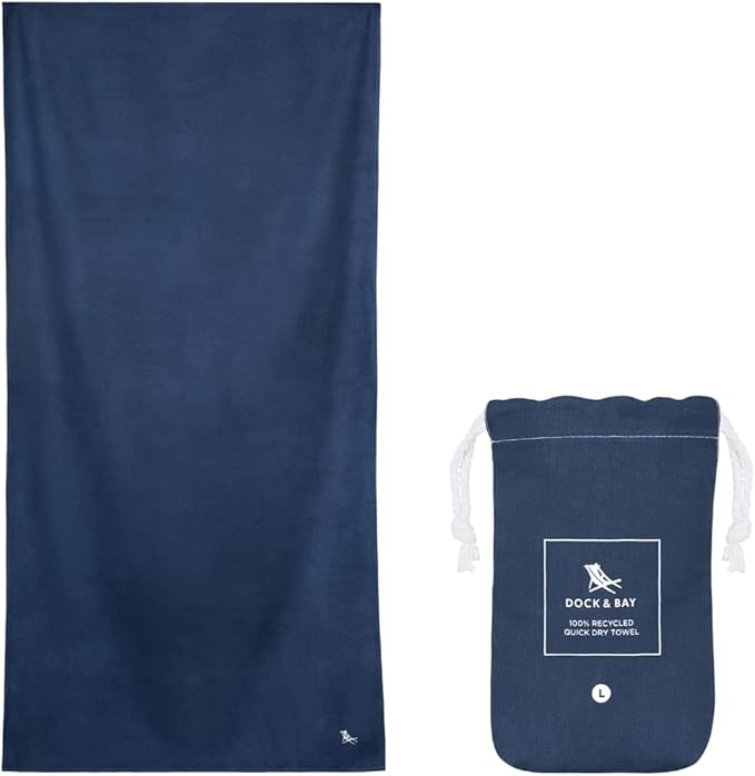 Dock & Bay Beach Towel - Quick Dry, Sand Free - Compact, Lightweight - 100% Recycled - Includes Bag - Essential - Deep Sea Navy, Extra Large (200x90cm, 78x35)