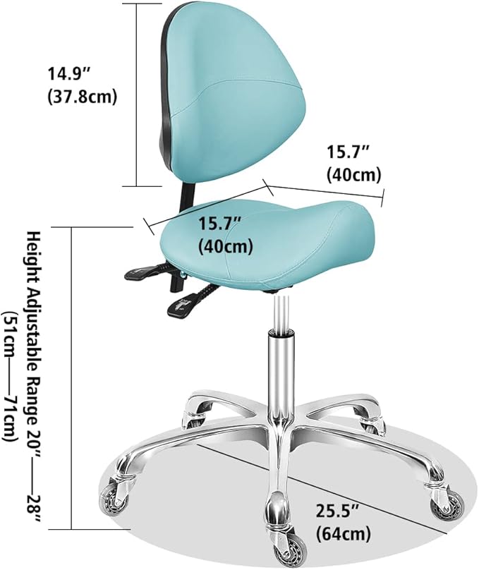 Saddle Stool Dental Hygienist Chair with Back Support, Rolling Esthetician Saddle Stool for Lash Salon Tattoo Shop Spa Dentist Clinic (with Backrest, Cyan)