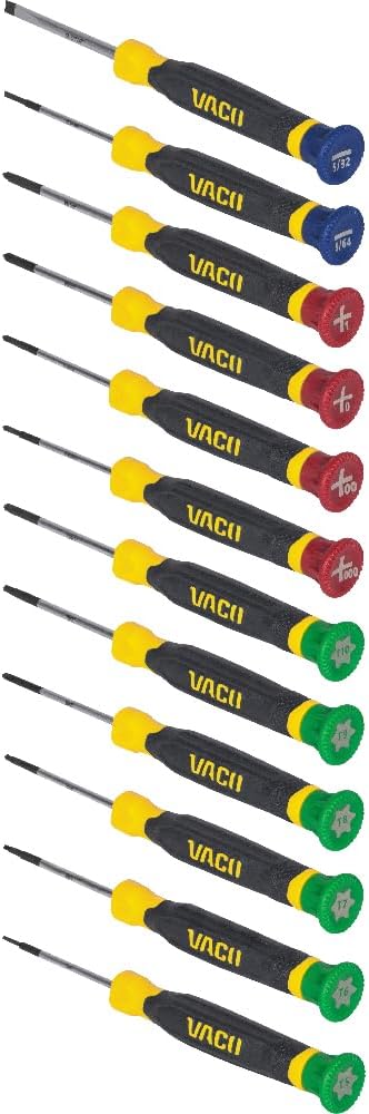 VACO VAC7123 12-Piece Precision Screwdriver Set, Phillips, Slotted, TORX with Color Coded Handles, Ideal for Precise Tasks in Tight Spaces