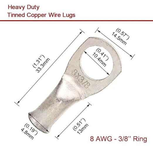 Heavy Duty Tinned Battery Ring Terminals (25 pcs.), 8 AWG 3/8" Stud, Tubular Copper Ring Connectors