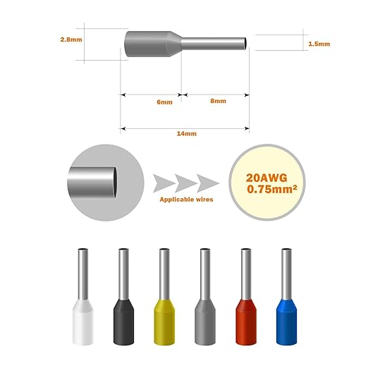 500PCS Wire Ferrule Terminals Connectors, AWG20/0.75mm² Yellow Insulated Crimp Pin Terminals Nylon Copper Crimp Ferrules Wire Connector Sleeves for Electrical Projects/Chemical Industry, etc.