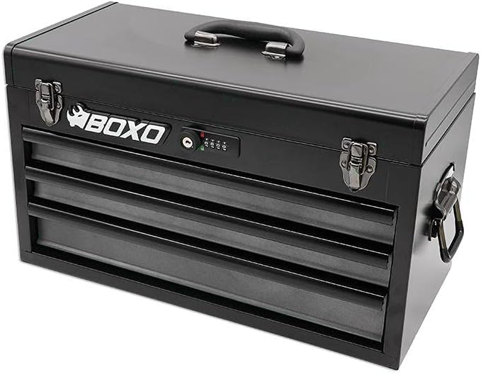 Boxo USA Hand Carry Tool Box 3-Drawer Heavy Duty Steel Toolbox with Lock System (Black)