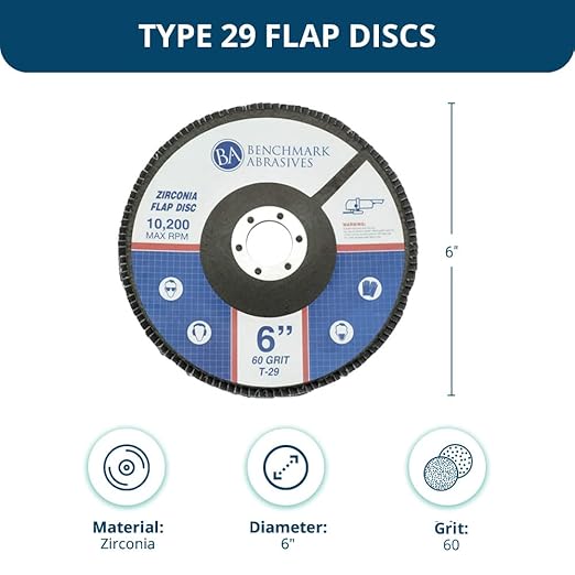 Benchmark Abrasives 6" x 7/8" Premium High Density Jumbo Zirconia Type 29 Flap Discs for Angle Grinder, 6 Inch Sanding Discs, Finishing, Deburring, Rust Removal - (10 Pack) 60 Grit