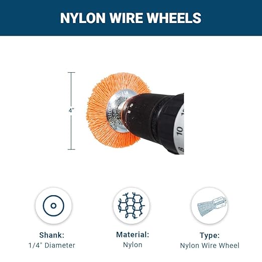 Benchmark Abrasives 4” Mounted Nylon Wire Wheel, Medium Grit, 1/4" Drill Shank, Perfect for Rust or Paint Removal Sanding Finishing on Aluminum, Brass, Copper - (Orange, 4")