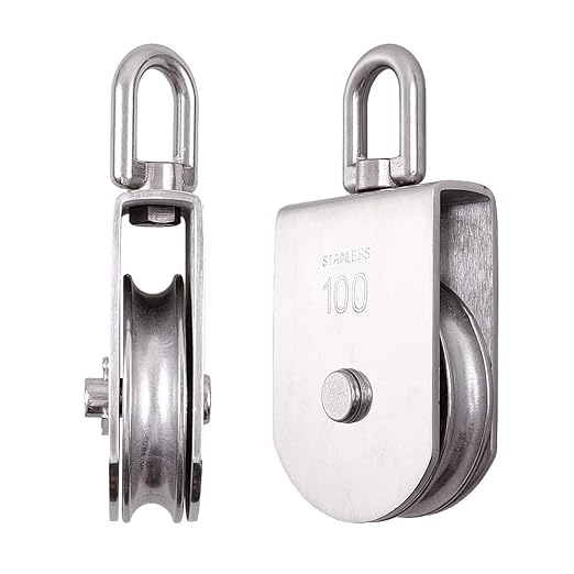 Rocaris M100 Lifting Single Pulley Roller Loading 3300Ibs, 304 Stainless Steel Heavy Duty Single Wheel Swivel Lifting Rope Pulley Block