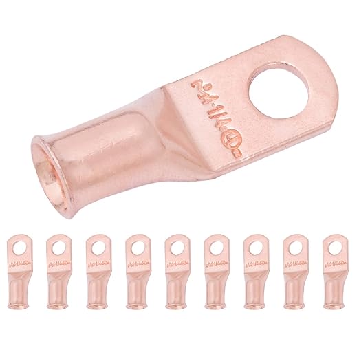 SELTERM 10pcs 4 AWG - 1/4" Stud - Battery Lugs, Heavy Duty Wire Lugs, Ring Terminals, Battery Cable Ends,4 Guage Terminals, UL Bare Copper Eyelets Electrical Battery Terminal Connectors