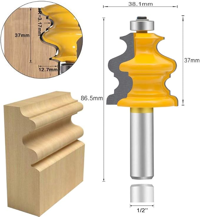 LEATBUY Router Bit Set 5 PCS 1/2-Inch Shank Architectural Molding Corner Round Edge Door Cabinet Shelf Wood Table Woodworking Mill Cutter Tool, Carbide CNC Router(1/2-line)