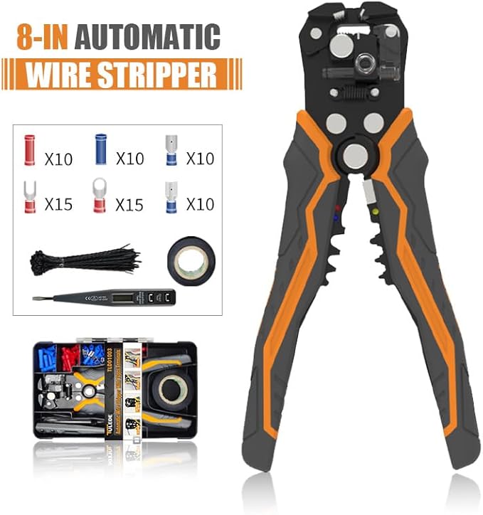 5 IN 1 Self-Adjusting Wire Stripper Kit, Automatic Wire Stripper for AWG 24-10, LED Voltage Detector Pen, 23 ft Insulating Tape, 99 Insulated Terminals and 25 Cable Ties