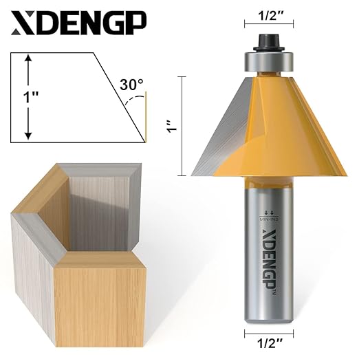 30 Degree Chamfer Router Bit with 1 Inch Cutting Length,1/2 Inch Shank Carbide Edge Forming Bevel Router Bit with Bearing, Chamfer Bit Miter Angle Milling Cutters Tool