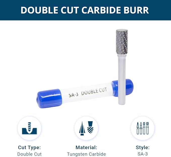 Benchmark Abrasives Cylindrical Shape Premium Double Cut Tungsten Carbide Burr for Metal Wood Welding High-Speed Die Grinders enclosed in Plastic Capsule 1/4" Shank (SA-3)