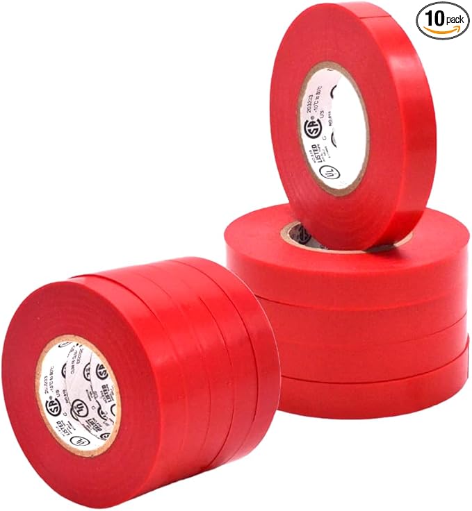 WOD ETC766 Professional Grade General Purpose Red Electrical Tape UL/CSA Listed core. Vinyl Rubber Adhesive Electrical Tape: 1/2 inch X 66 ft - Use at No More Than 600V & 176F (Pack of 10)