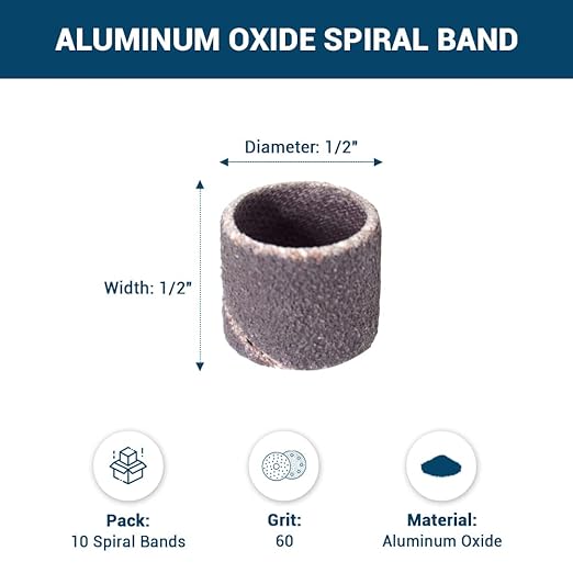 Benchmark Abrasives 1/2" x 1/2" Aluminum Oxide Sanding Bands, Spiral Bands Rotary Sander Attachment for Drill & Die Grinder, Metal Polishing, Sanders for Woodworking Sander Tool (10 Pack), 60 Grit