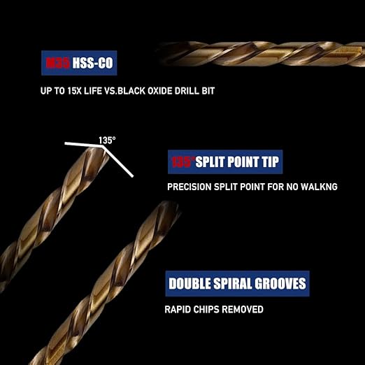 12pcs 3/16" Cobalt Drill Bit Set, M35 HSS, 135 Degree Tip, M35 Jobber Drill Bits for Metal, Stainless Steel, Cast Iron, Wood, Plastic, Fully Ground from Pro Edge Technology