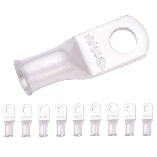 SELTERM 10pcs 4 AWG-1/4 Stud Tinned Copper Wire Lugs, Heavy Duty Battery Cable Ends,4 Guage Ring Terminals, UL Battery Lugs Marine Grade Copper Eyelets Electrical Battery Terminal Connectors